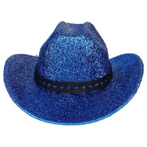 Chapeau de cowboy bleu pailleté avec ruban noir décoratif pour fêtes et danses