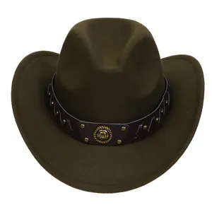 Detail of dark olive western cowboy hat with leather rivet band and horseshoe emblem