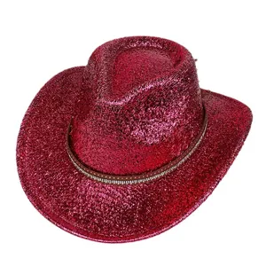 Chapeau de cowboy à paillettes magenta avec bandeau en strass pour scène et fêtes