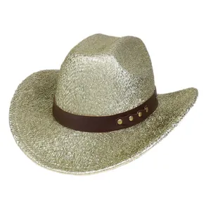 Sombrero vaquero dorado brillante con banda de cuero y remaches para fiestas