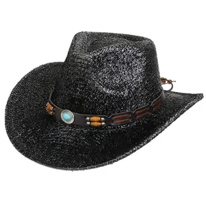 Chapeau de cowboy noir de style western avec perles turquoise et sangle en cuir marron