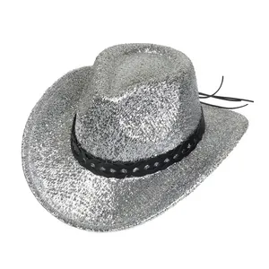 Chapeau de cowboy argenté scintillant avec bande tressée noire pour fêtes et festivals
