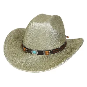 Chapeau de cowboy western doré étincelant avec bande de pierre turquoise sur blanc