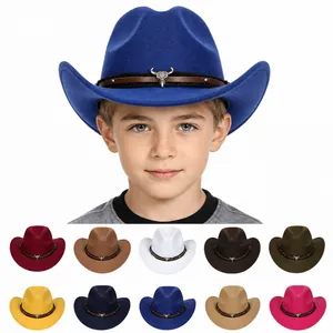 Kids Western Cowboy Hat Polyester Felt Sunshade Hat With Bull Skull Metal Ornament And Rivets For Boys Girls Party Travel Hat