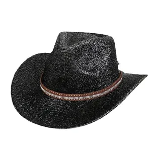 Chapeau de cowboy noir à paillettes avec bande en cuir marron et strass brillants