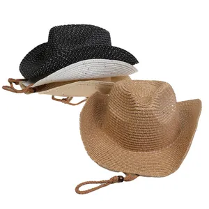 Flache Darstellung von geflochtenen Stroh-Cowboyhüten in vier Farben mit verstellbaren Kordeln