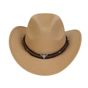 Camel western cowboy hat with silver longhorn bull head emblem and studded leather band