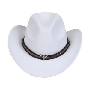 White felt western cowboy hat for children with decorative bull skull metal ornament