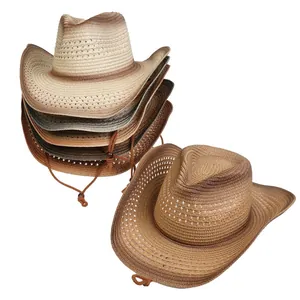 Detail of woven straw cowboy hat showing breathable diamond perforations and wooden beads