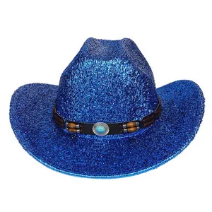 Chapeau de cowboy à paillettes bleu électrique avec bande perlée et accent turquoise