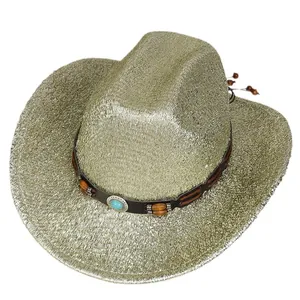 Chapeau de cowboy tissé doré brillant avec bandeau décoratif en perles de turquoise
