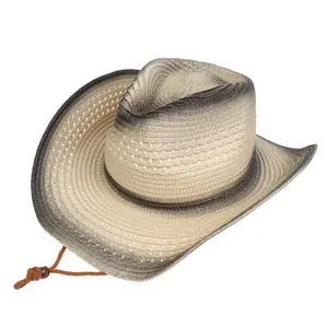 Detail of western cowboy straw hat with gradient color weave and adjustable chin strap