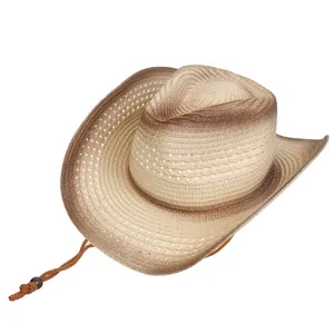 Western straw cowboy hat with bull head accessory and wind rope for outdoor activities