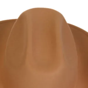 Macro detail of the khaki wool felt crown showing texture on this western cowboy hat