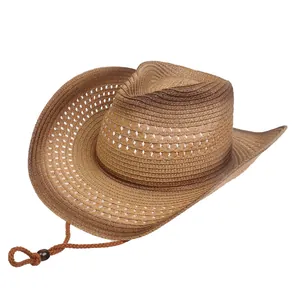 Brown gradient western straw cowboy hat with cutout patterns and adjustable chin cord