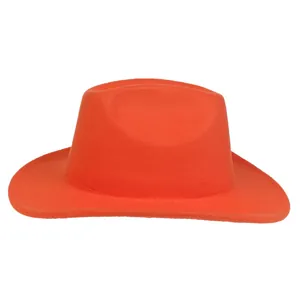 Close-up detail of smooth orange wool felt cowboy hat with wide brim and square top