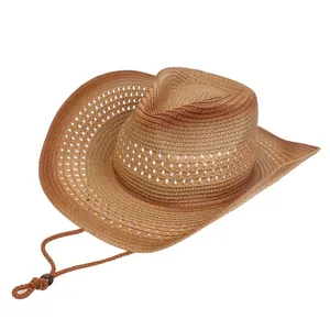 Brown woven western cowboy straw hat with curved brim and adjustable chin strap