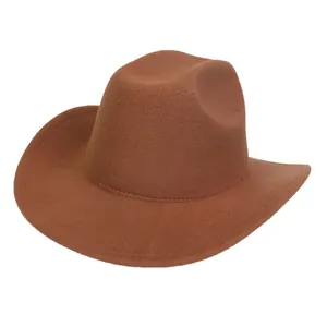 Detailed side view of a brown wide-brim wool felt cowboy hat with a square top