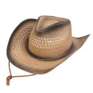 Detail of western cowboy straw hat with gradient weave and bull head ornament