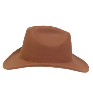 Detailed view of a wide brim dark brown wool fedora with structured square crown