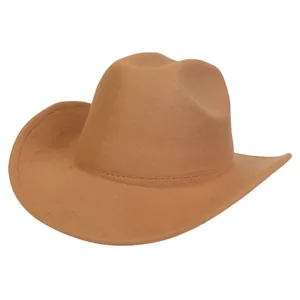 Close-up of brown wool felt cowboy hat with wide brim and stitched crown detail