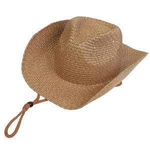 Damen Western Cowboy Strohhut Mit Glänzenden Pailletten Winddicht Verstellbares Seil Sonnenschutz Breite Krempe Strandurlaub Hut