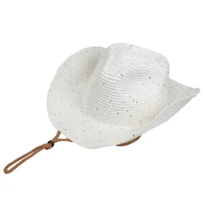 Weißer Panama-Strohhut im Cowboy-Stil mit Pailletten, breiter Krempe und verstellbarem Windband