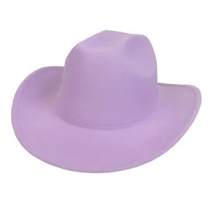 Detailed side view of a light purple wool felt cowboy hat with fine stitching and flat top