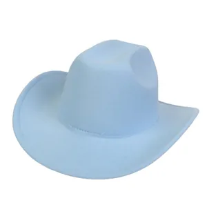 Detailed close-up of light blue wool fedora hat with wide brim and classic crown