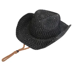 Schwarzer Strohhut aus Panama-Stroh mit Pailletten und verstellbarem Kinnriemen für den Strand