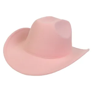 Detail view of the wide upturned brim and soft felt texture of this pink wool cowboy hat