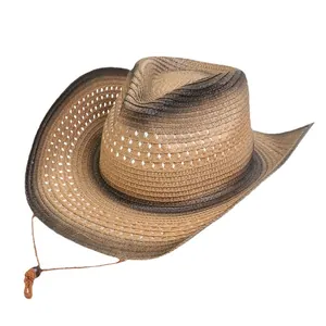 Western style woven straw cowboy hat with bull head accessory and ventilated hollow crown
