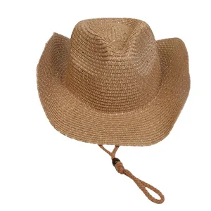 Klassischer brauner Stroh-Panama-Cowboyhut mit breiter Krempe und verstellbarer Windkordel