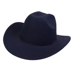 Close-up of a navy blue wool felt cowboy hat with a wide curved brim and flat top