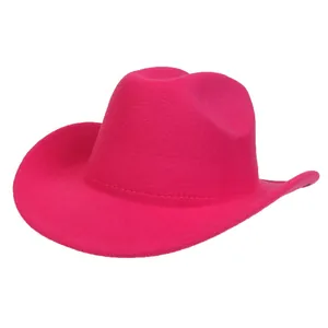 Detailed view of the vibrant rose red felt cowboy hat with a classic wide rolled brim