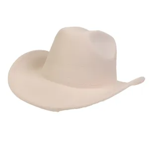 Side view of wide brim felt cowboy hat in beige showing fine texture and texan style