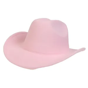 Detail of pink wide brim wool felt cowboy hat with fine stitching and western crown