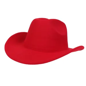 Detailed top view of red wool felt western cowboy hat with classic indented crown