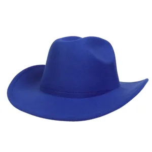 Detail of royal blue wide-brim cowboy hat featuring felt texture and crown dent