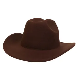 Detail of a brown wool felt cowboy hat featuring a wide brim and classic crown design