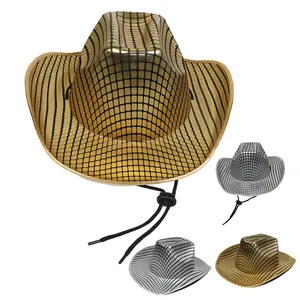 Detail of metallic plaid cowboy hat with gold mirror finish and adjustable chin strap