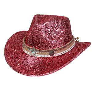 Cappello da cowboy western rosso scintillante con stella d'argento e borchie decorative