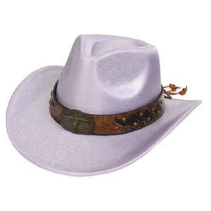 Detail of lavender glitter western cowboy hat with cattle head buckle and leather tassel