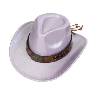 Macro view of purple glitter cowboy hat with metal bull buckle and faux leather strap