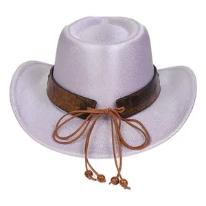 Detail of lavender glitter western cowboy hat with brown textured band and bead charms