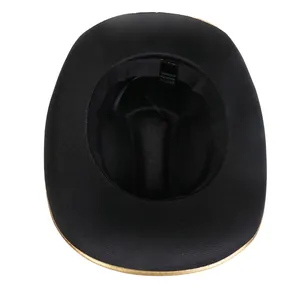 Internal view of black polyester cowboy hat showing sweatband and wash label details