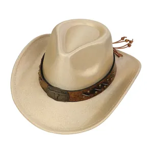 Detail of western cowboy hat with pearlescent finish and vintage bull head metal buckle