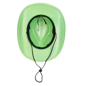 Detail view of sparkly green cowboy hat with internal sweatband and adjustable drawstring