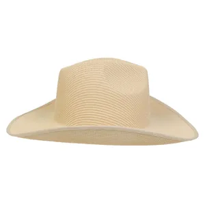 Close-up of beige woven straw cowboy hat with fabric edging and structured brim