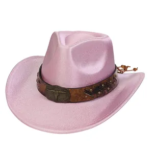 Pink glitter western cowboy hat featuring a leather band with a bull skull buckle detail